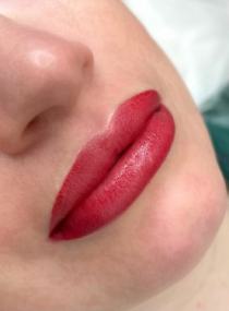 Плотное заполнение и мягкая растушёвка — аккуратный татуаж губ.