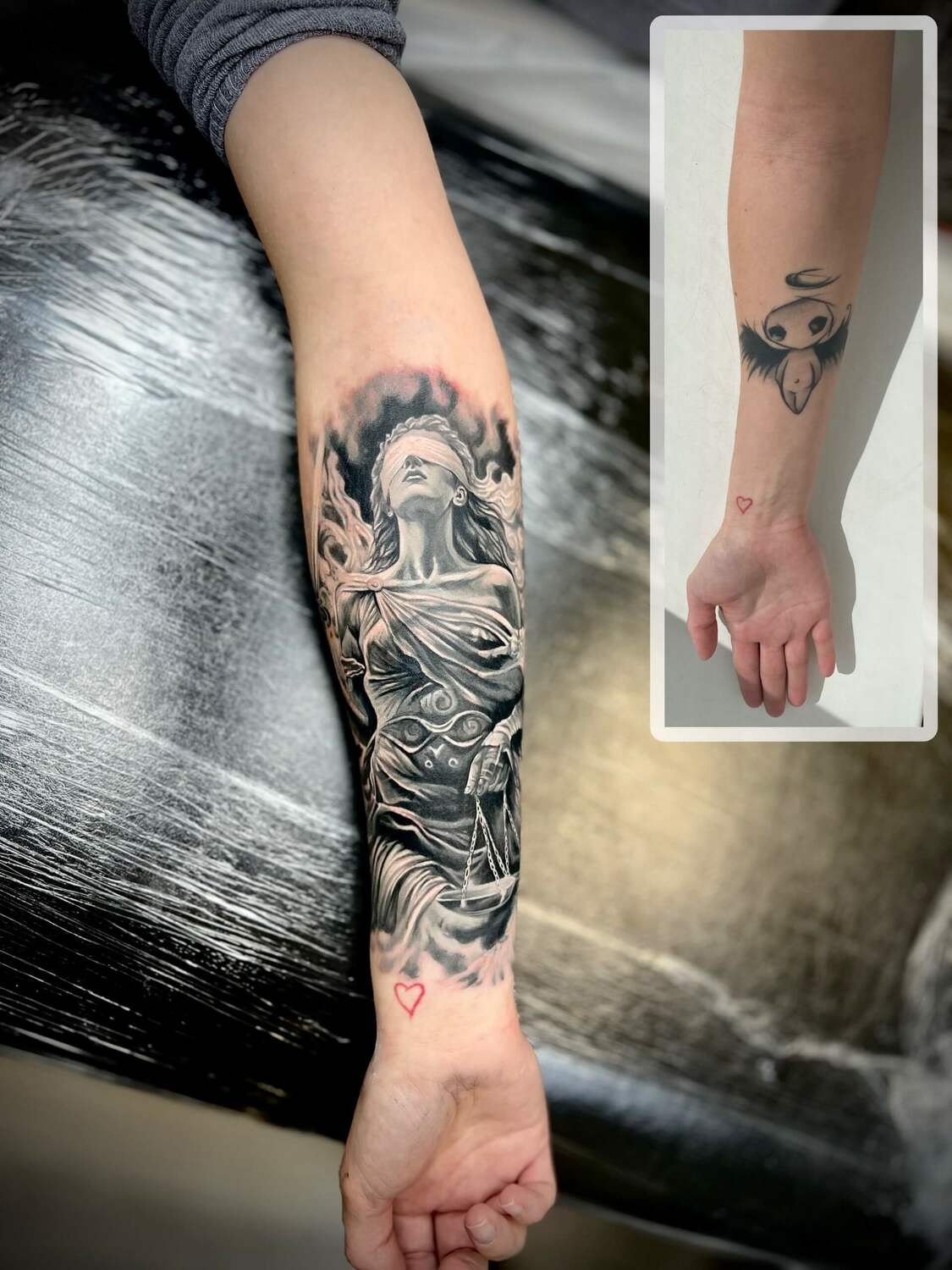 Перекрытие старой татуировки: реалистичная тату Фемида на предплечье
